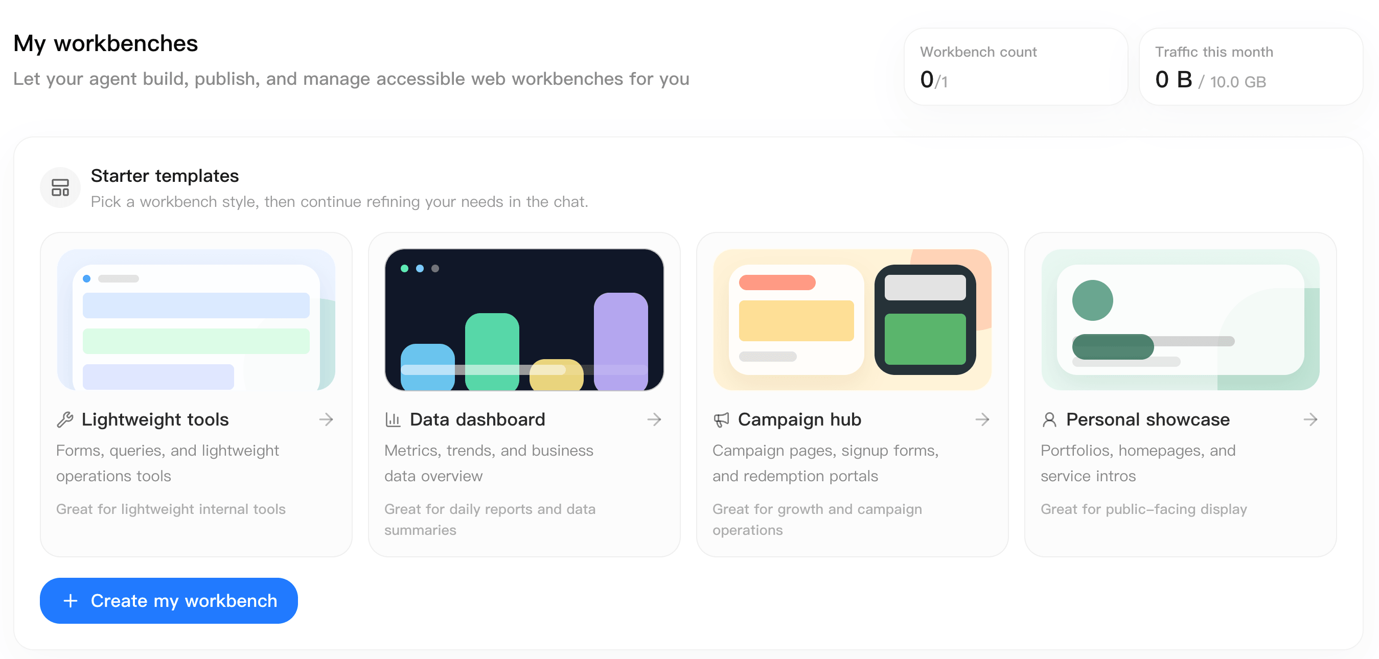 Workbench product screen